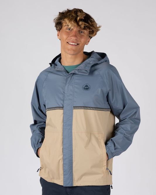 Rainer Tribal Mens Waterproof Packable Rain Jacket in Blue/Beige