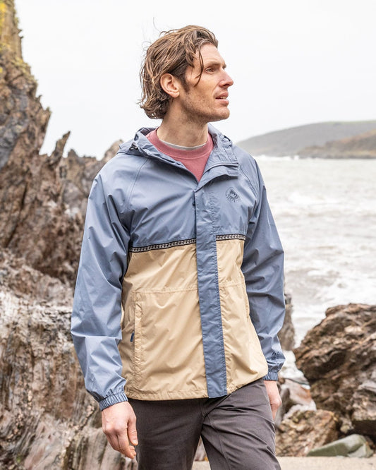 Rainer Tribal Mens Waterproof Packable Rain Jacket in Blue/Beige