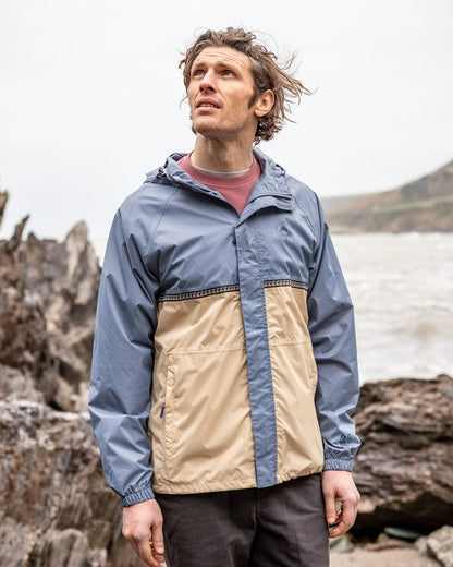 Rainer Tribal Mens Waterproof Packable Rain Jacket in Blue/Beige