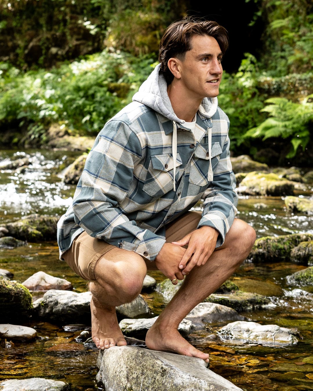 Strait Mens Hooded Flannel Shirt in Green