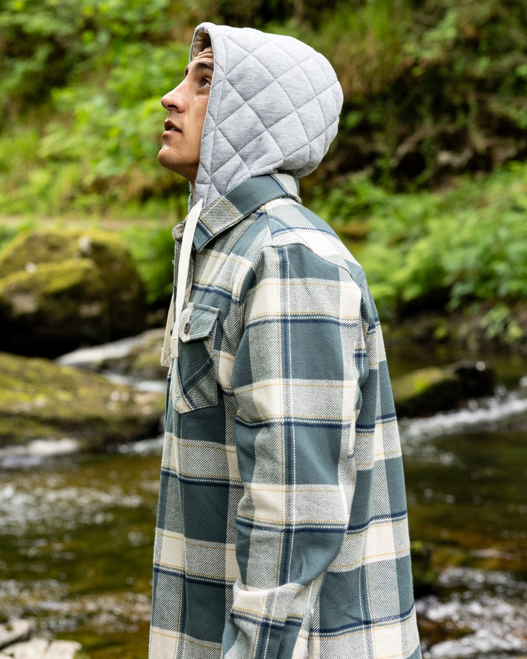 Strait Mens Hooded Flannel Shirt in Green