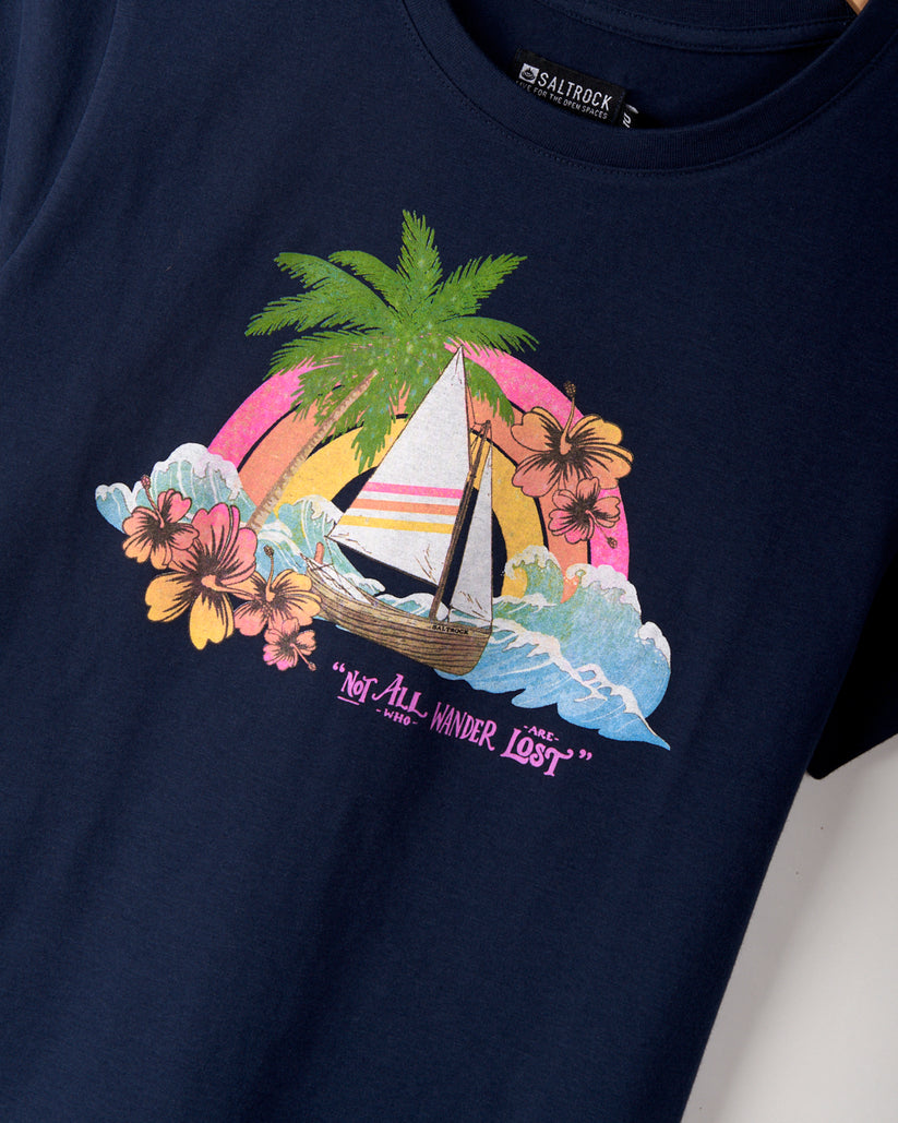 Floral Lost Ships - Womens Shorts Sleeve T-Shirt - Blue