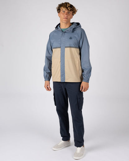 Rainer Tribal Mens Waterproof Packable Rain Jacket in Blue/Beige