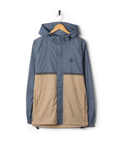 Rainer Tribal Mens Waterproof Packable Rain Jacket in Blue/Beige