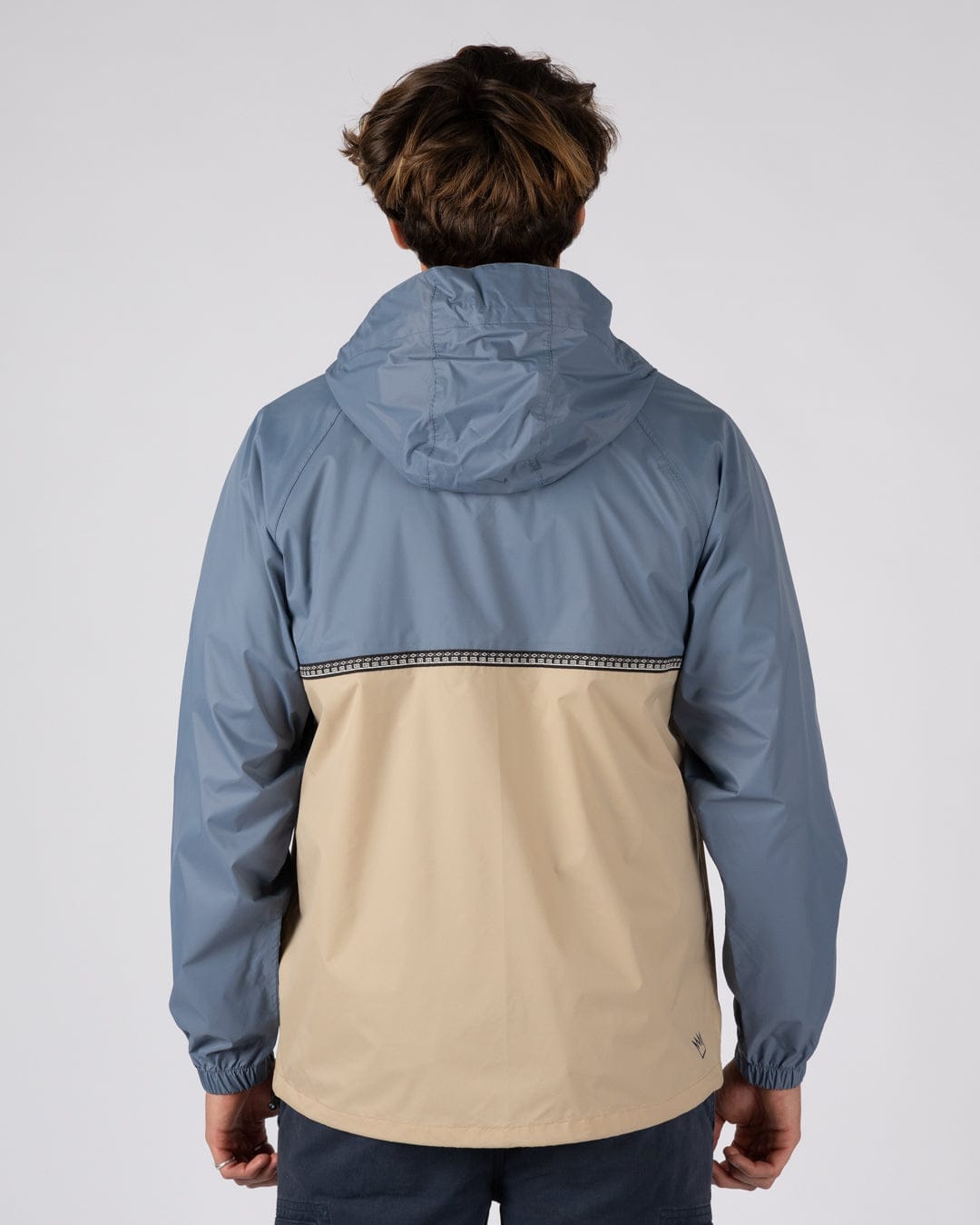 Rainer Tribal Mens Waterproof Packable Rain Jacket in Blue/Beige