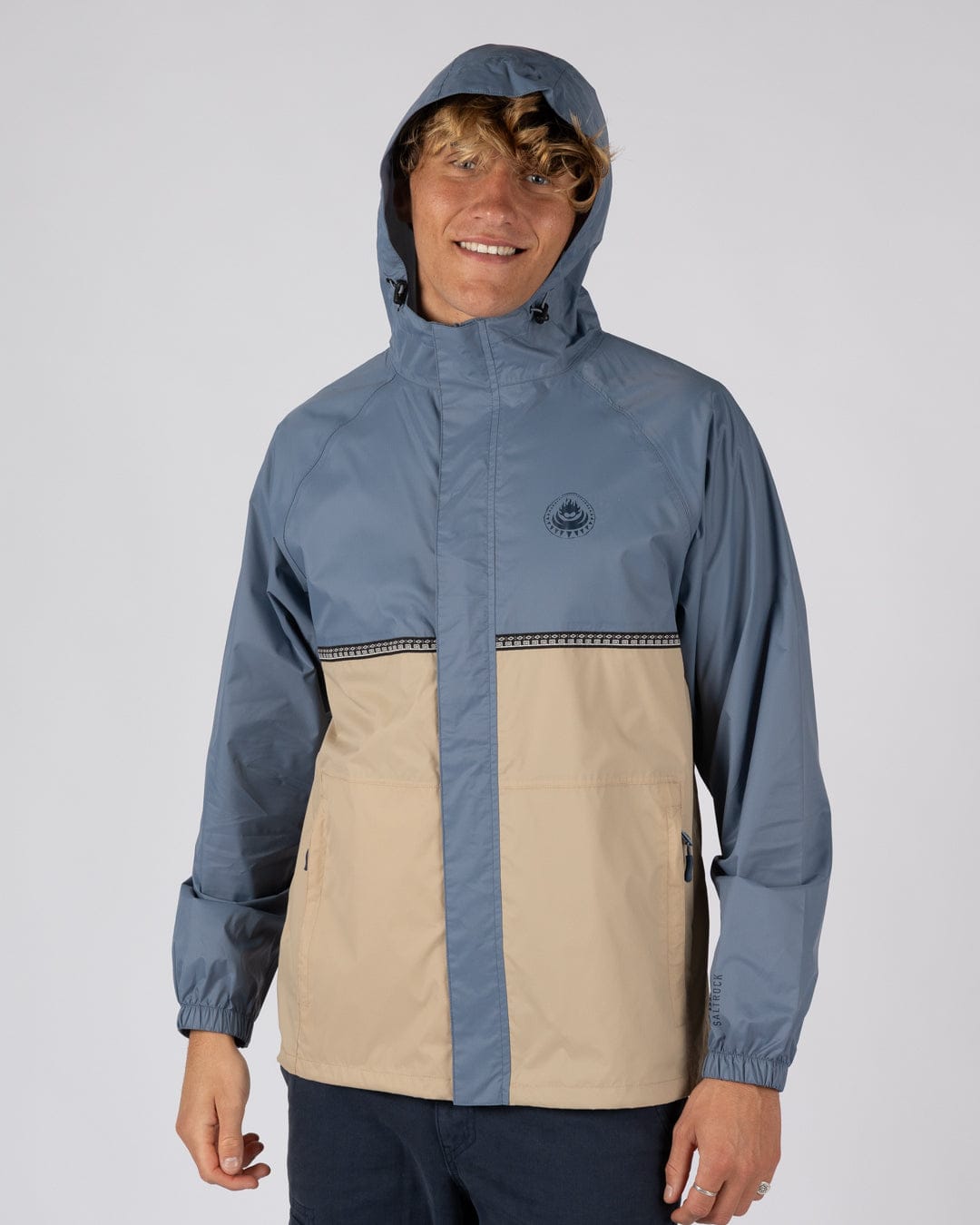 Rainer Tribal Mens Waterproof Packable Rain Jacket in Blue/Beige