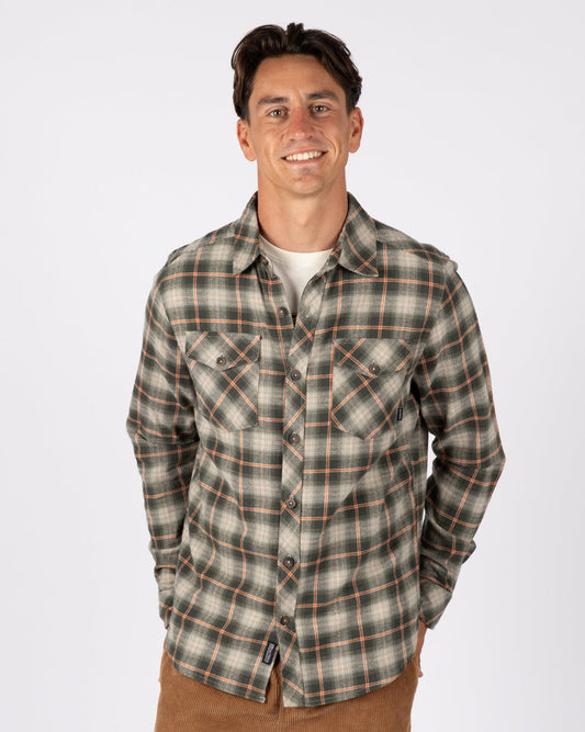 Miles Mens Flannel Shirt in Green Check
