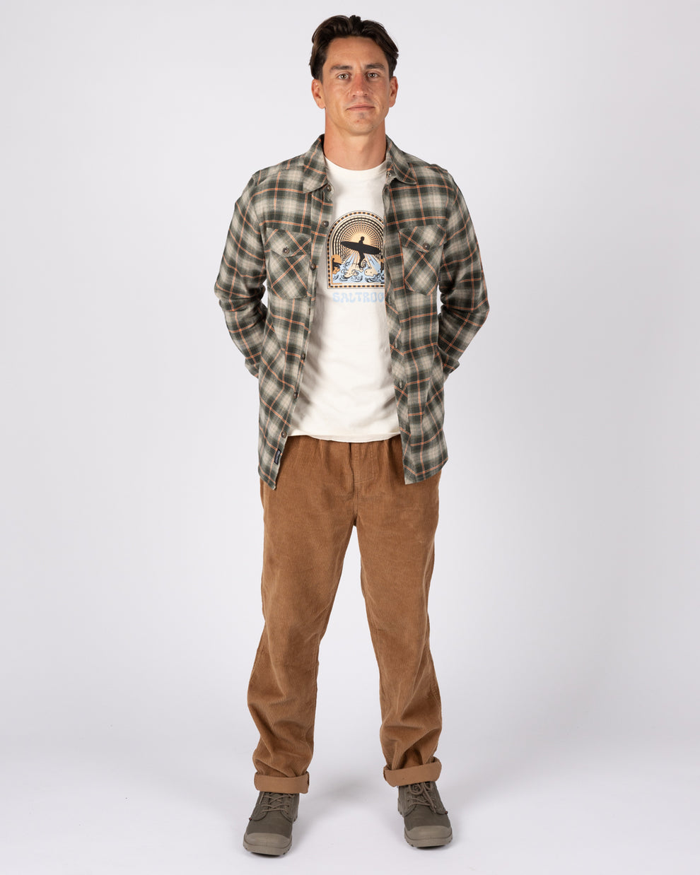 Miles Mens Flannel Shirt in Green Check