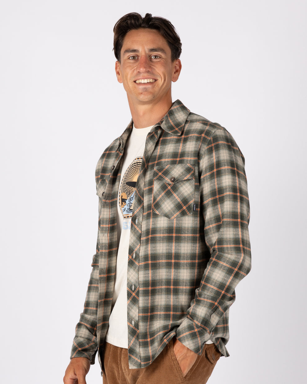 Miles Mens Flannel Shirt in Green Check